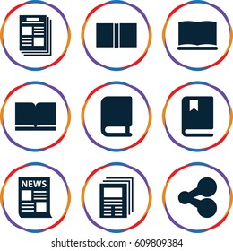 Publish icons set. set of 9 publish filled icons such as book, newspaper, share