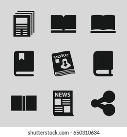 Publish icons set. set of 9 publish filled icons such as magazine, book, newspaper, share