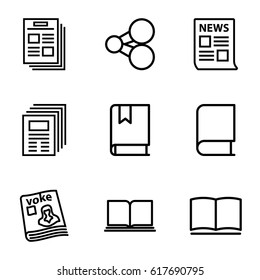 Publish icons set. set of 9 publish outline icons such as magazine, book, share, news
