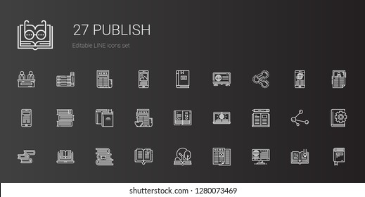publish icons set. Collection of publish with news, open book, book, books, science book, share. Editable and scalable publish icons.