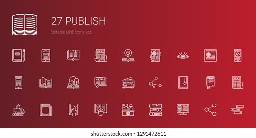 publish icons set. Collection of publish with news, books, book, share, open book. Editable and scalable publish icons.