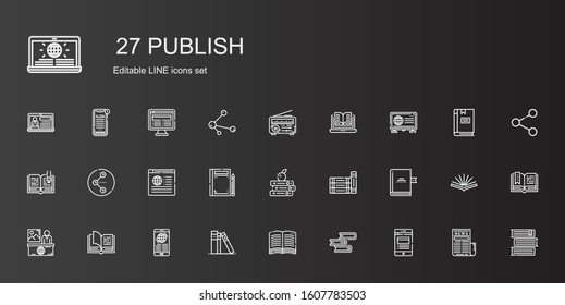 publish icons set. Collection of publish with news, book, library, open book, books, share. Editable and scalable publish icons.