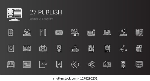publish icons set. Collection of publish with open book, share, book, news, books. Editable and scalable publish icons.