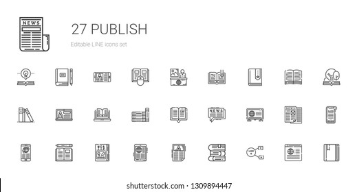 publish icons set. Collection of publish with sharing, books, news, book, open book, library. Editable and scalable publish icons.