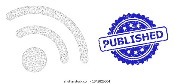 Published textured seal imitation and vector radio signal mesh structure. Blue stamp seal has Published caption inside rosette. Abstract flat mesh radio signal, created from flat mesh.