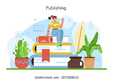 Concepto de editor. Editor trabajando en libros, periódicos y revistas. Producción y publicidad de materiales impresos. Editorial. Ilustración vectorial plana