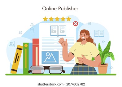 Concepto de editor. Editor trabajando en libros, periódicos y revistas. Producción y publicidad de materiales impresos. Editorial. Ilustración vectorial plana