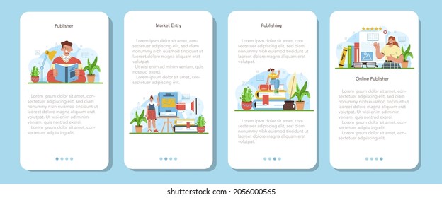 Banner-Set für mobile Publisher-Anwendungen. Redakteur, der an Buch, Zeitung und Zeitschrift arbeitet. Herstellung und Werbung für Druckerzeugnisse. Verlagsberuf. Flache Vektorgrafik