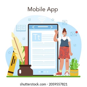 Publisher online service or platform. Editor working on book, newspaper and magazine. Printed materials production and advertising. Mobile app. Vector illustration