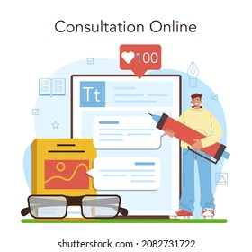Publisher online service or platform. Editor working on book, newspaper and magazine. Printed materials production and advertising. Online consultation. Vector illustration