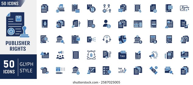 Publisher rights flat icon set. Containing as copyright, license, publisher, intellectual property, plagiarism and more. Vector illustration