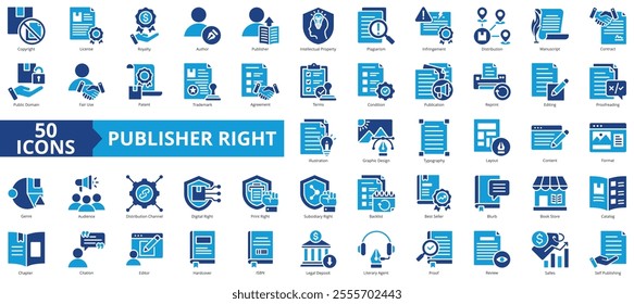 Publisher rights icon collection set. Containing copyright, license, royalty, author, publisher, intellectual property, plagiarism icon. Simple flat vector illustration.