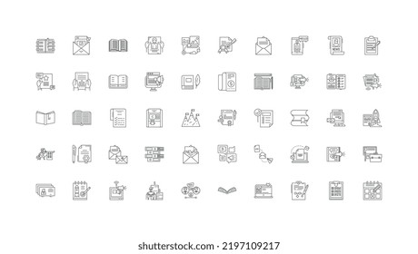 Publishing concept illustration, linear icons, line signs set, vector collection