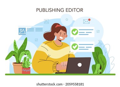 Publishing editor concept. Journalist working on magazine article. Content selection and verification. Publishing house of newspapers and magazines profession. Flat vector illustration