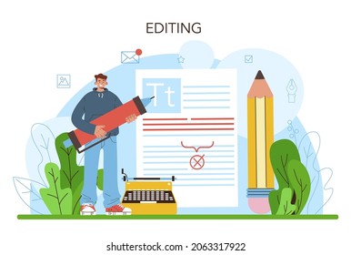 Publishing editor concept. Journalist working on magazine article. Content selection and verification. Publishing house of newspapers and magazines profession. Flat vector illustration