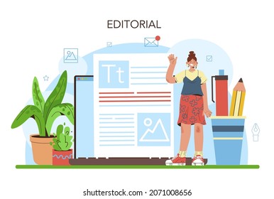 Publishing editor concept. Journalist working on magazine article. Content selection and verification. Publishing house of newspapers and magazines profession. Flat vector illustration