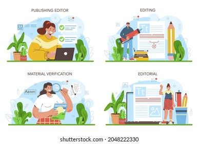 Publishing editor concept set. Journalist working on magazine article. Content selection and verification. Publishing house of newspapers and magazines profession. Flat vector illustration