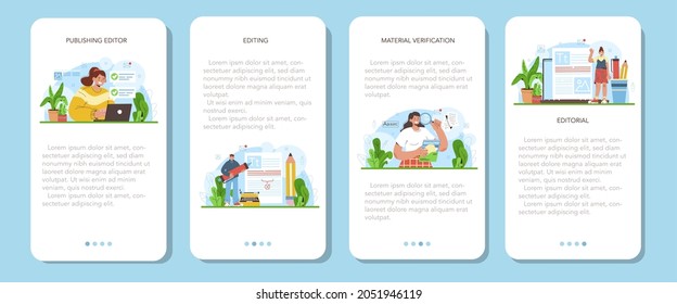 Publishing editor mobile application banner set. Journalist working on magazine article. Content selection and verification. Publishing house of newspaper and magazine profession. Vector illustration