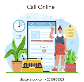 Publishing editor online service or platform. Journalist working on magazine article. Content selection and verification. Online call. Vector illustration