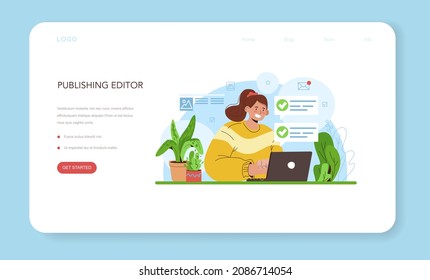 Publishing editor web banner or landing page. Journalist working on magazine article. Content selection and verification. Publishing house of newspaper and magazine profession. Vector illustration