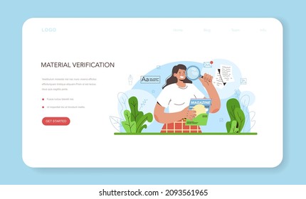 Banner web o página de inicio del editor de publicaciones. Periodista trabajando en el artículo de la revista. Selección y verificación de contenido. Editorial de periódicos y revistas. Ilustración del vector