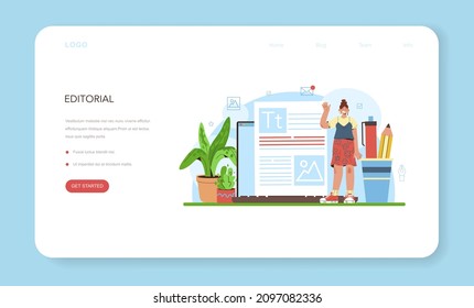 Publishing editor web banner or landing page. Journalist working on magazine article. Content selection and verification. Publishing house of newspaper and magazine profession. Vector illustration