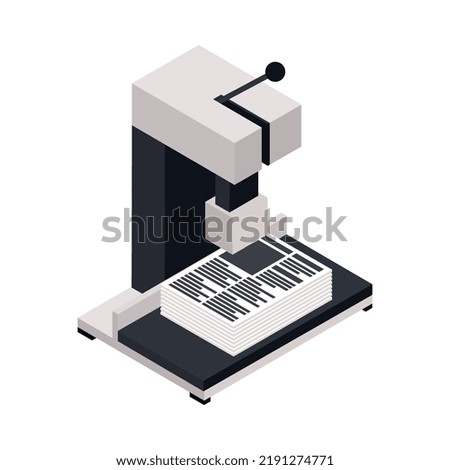 Publishing house isometric icon with equipment printing papers 3d vector illustration