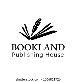 publishing house logo inspiration, design template, silhouettes of opened book and feather