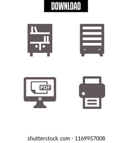 publishing icon. 4 publishing vector set. bookshelf, print and pdf file on screen icons for web and design about publishing theme