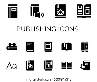 publishing icon set. 14 filled publishing icons. Included Book, Magazine, Typography, Library icons