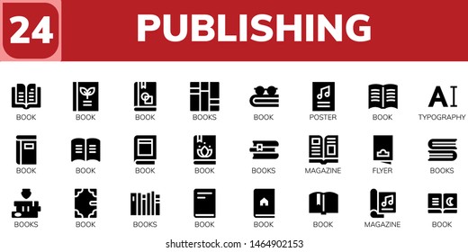 publishing icon set. 24 filled publishing icons.  Simple modern icons about  - Book, Books, Poster, Typography, Magazine, Flyer