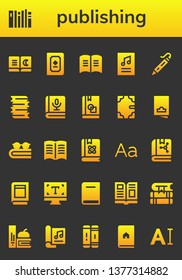 publishing icon set. 26 filled publishing icons.  Collection Of - Book, Books, Poster, 3d printing pen, Flyer, Typography, Magazine, Library