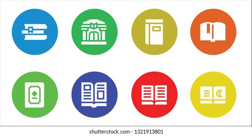 publishing icon set. 8 filled publishing icons.  Collection Of - Books, Book, Library, Magazine