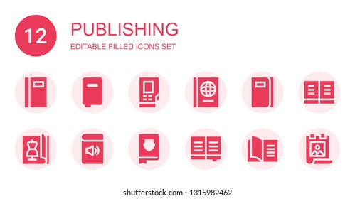 publishing icon set. Collection of 12 filled publishing icons included Book, Books, Densitometer, Magazine, Poster