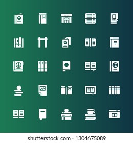 publishing icon set. Collection of 25 filled publishing icons included Book, Books, Poster, Flyer, Pull up, Magazine, Densitometer, Library