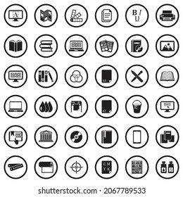 Publishing Icons. Black Flat Design In Circle. Vector Illustration.