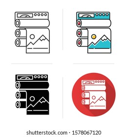 Publishing industry icon. Professional printing equipment. Industrial paper press. Technical machinery to produce polygraphy. Flat design, linear and color styles. Isolated vector illustrations