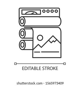 Publishing industry linear icon. Professional printing equipment. Paper press. Polygraphy production. Thin line illustration. Contour symbol. Vector isolated outline drawing. Editable stroke