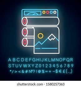 Publishing industry neon light icon. Printing equipment. Industrial paper press. Machinery to produce polygraphy. Glowing sign with alphabet, numbers and symbols. Vector isolated illustration