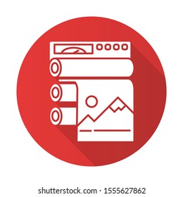Publishing industry red flat design long shadow glyph icon. Printing equipment. Industrial paper press. Machinery to produce polygraphy. Automated production process. Vector silhouette illustration