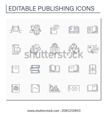 Publishing line icons set. Activity of preparing and issuing books, journals.Publishing concept. Isolated vector illustrations. Editable stroke