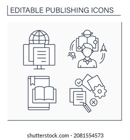 Conjunto de iconos de línea de publicación. Libro electrónico, edición, publicación electrónica y ficción. Concepto de publicación. Ilustraciones vectoriales aisladas. Trazo editable