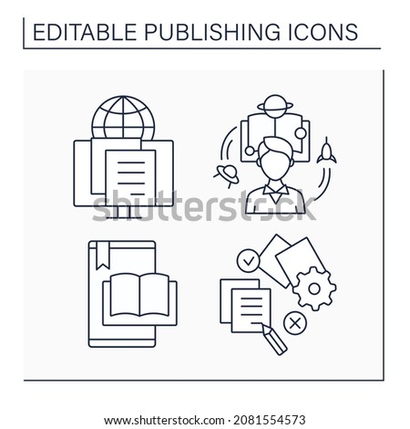 Publishing line icons set. E-book, edit, e-publish and fiction. Publishing concept. Isolated vector illustrations. Editable stroke