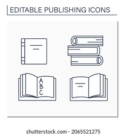 Zeilensymbole werden veröffentlicht. Front Cover, Hardback, Index und innen Front Cover.Publishing Konzept. Einzige Vektorgrafiken. Bearbeitbarer Hub