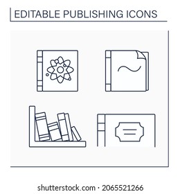 Publishing line icons set.Non-fiction, paperback, spine and title. Publishing concept. Isolated vector illustrations. Editable stroke