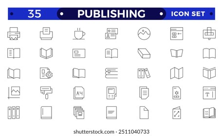 ícone Estrutura de Tópicos de Publicação. Folheto do folheto do folheto conjunto de ícones. papel timbrado, livreto, folheto, catálogo corporativo, envelope.
