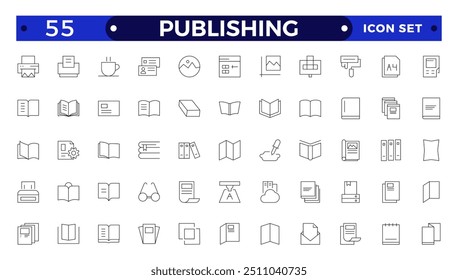 ícone Estrutura de Tópicos de Publicação. Folheto do folheto do folheto conjunto de ícones. papel timbrado, livreto, folheto, catálogo corporativo, envelope.
