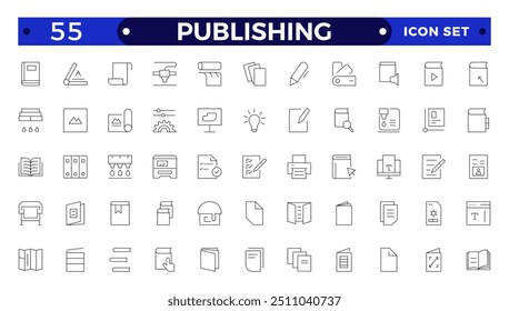 ícone Estrutura de Tópicos de Publicação. Folheto do folheto do folheto conjunto de ícones. papel timbrado, livreto, folheto, catálogo corporativo, envelope.
