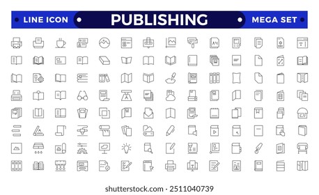 Publishing Outline icon. Flyer Brochure line icon set. letterhead, booklet, leaflet, corporate catalog, envelope.
