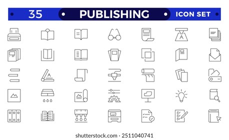 ícone Estrutura de Tópicos de Publicação. Folheto do folheto do folheto conjunto de ícones. papel timbrado, livreto, folheto, catálogo corporativo, envelope.
